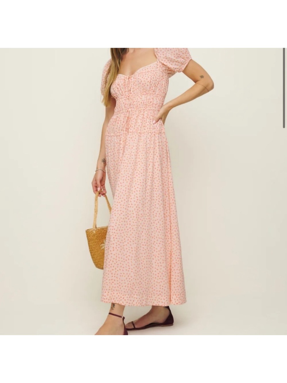 Reformation Pink Floral Maxi Dress with Puff Sleeves